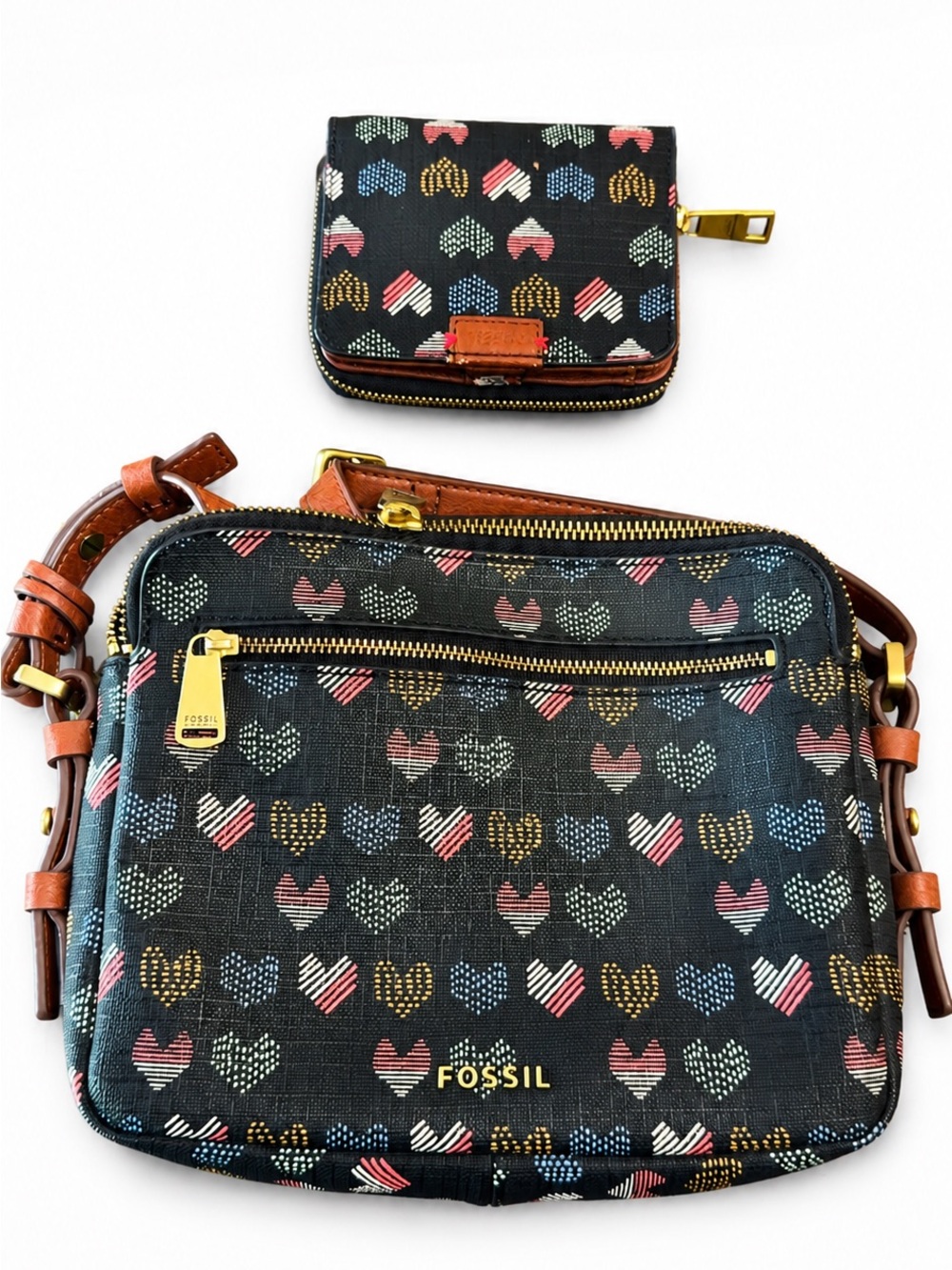 Fossil Black Multicolor Heart Print Crossbody with Brown Trim